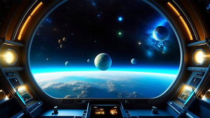 Wall Mural - looking out of a space ship with planets and stars in the distance.adventure, exploring galaxy, scie