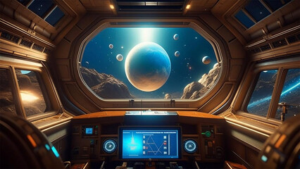 Wall Mural - looking out of a space ship with planets and stars in the distance.adventure, exploring galaxy, scie