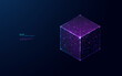 Isometric cube. Abstract digital separate block on dark blue background. Geometric shape. Technology innovation concept in futuristic low poly wireframe cyberpunk style with connected glowing dots.