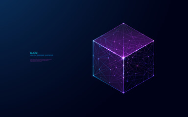 Poster - Isometric cube. Abstract digital separate block on dark blue background. Geometric shape. Technology innovation concept in futuristic low poly wireframe cyberpunk style with connected glowing dots.