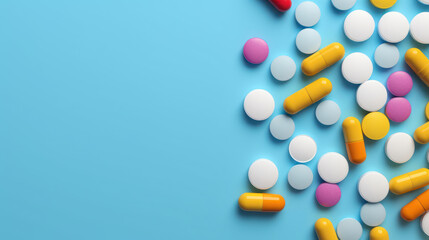 Colorful medicine tablets antibiotic pills on soft blue background