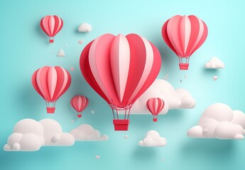 Flying papercut hot air balloons in blue sky with clouds design kid banner, baby shower, birthday greeting card, Mothers day, Valentines Day, social media website, sale flyer Generative AI