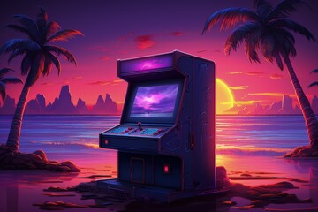 Wall Mural - Arcade machine, old video game with landscape in the background, 16 bits. Digital illustration. Generative AI