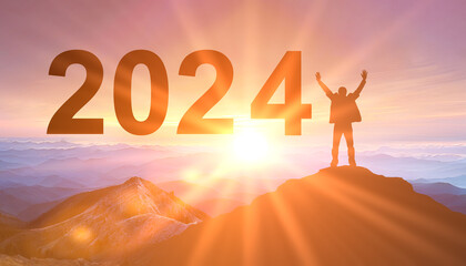 Wall Mural - 2024. New Year 2024, New Start motivation inspirational quote message on silhouette of winner man in sunset with arms up in happiness. Welcome Happy new year in 2024