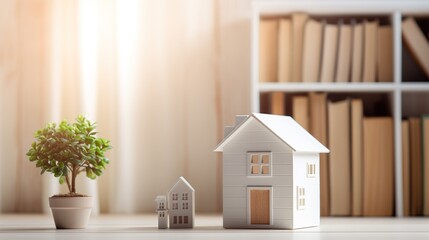 Poster - miniature toy house on a table with green plant, blurry bookshelf in the background