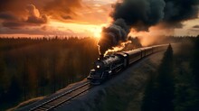 Train In Beautiful Forest In Fog At Sunrise In Autumn