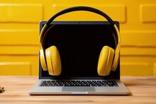 Headset On Laptop Screen, Yellow Background, Digital Illustration. Generative AI