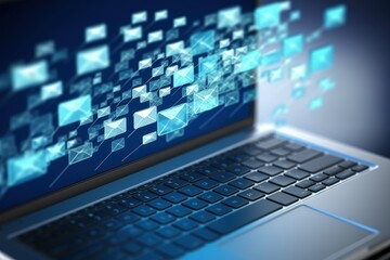 Laptop and network of connected messaging icons, technology and chat concept. Generative AI