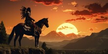 Silhouette Of Indian Chief On Horseback, Landscape With Sunset, Wild West Concept. Generative AI