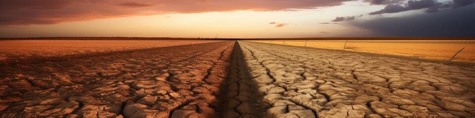 Sticker - The two lines of a dry field with a sunset in the background. Generative AI image.