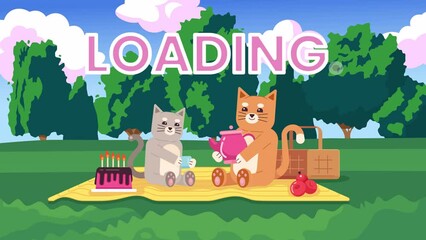 Poster - Tea party picnic 2D loading animation. Happy kitten pouring tea in cup of friend animated cartoon characters 4K video loader motion graphic. Two cats enjoying teatime download, upload progress gif