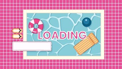 Poster - Inflatable swimming pool above 2D loading animation. Summertime poolside animated cartoon scene overhead view 4K video loader motion graphic. Summertime fun top view download, upload progress gif