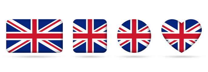 Wall Mural - UK flag icon set. United Kingdom badges. British square, heart and circle national symbol. Vector illustration.