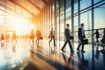 motion blur of business professionals at a huge congerence, spacious building