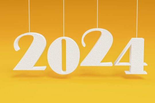 Wall Mural -  - 2024 winter holiday background. Happy New Year 2024 festive bright yellow background. Start new year 2024. Concept of new year 2024 resolution 3d rendering