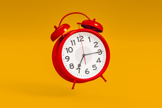 Wall Mural -  - Red vintage alarm clock on bright orange color background. Time management, deadline concept. 3d rendering