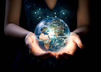 woman holds hologram model of earth globe on black