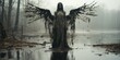 Petrified fallen angel covered in dirty mud and black oil with tarred wings, creepy swamp shrouded in thick fog, feelings of sorrow and despair, hopeless and forgotten outcast - generative AI 