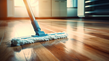 Mopping the floor with a mop and cleaning foam. Cleaning tools on a parquet background. Close-up.

Generative AI.