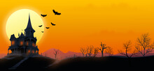 Haunted House On A Hill From Which Bats Fly Out With An Orange Sky In Halloween Colors And A Yellow Moon (ladnscape)