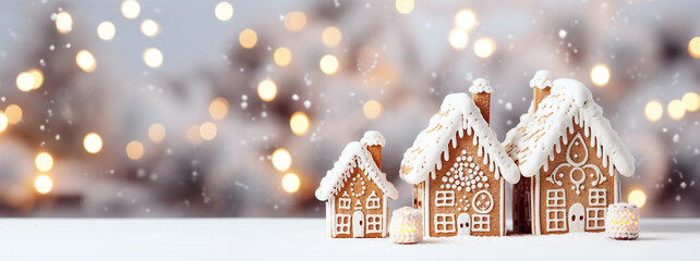 Christmas gingerbread house decoration on white background of defocused golden lights. Hand decorated.