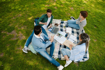 Wall Mural - Top view group of students friends doing homework while sitting in park