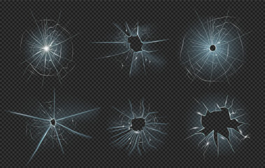 Cracked glass in realistic design on transparent background. Vector cracked screen, shattered mirror, destruction windshield. Texture of broken window, smashed screen effect, bullet holes