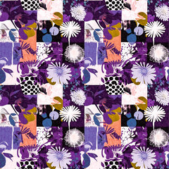 Wall Mural - Modern purple summer collage paper cut out shapes pattern with fabric effect design. Seamless fun nature inspired fashion repeat for trendy textile washed print backdrop.