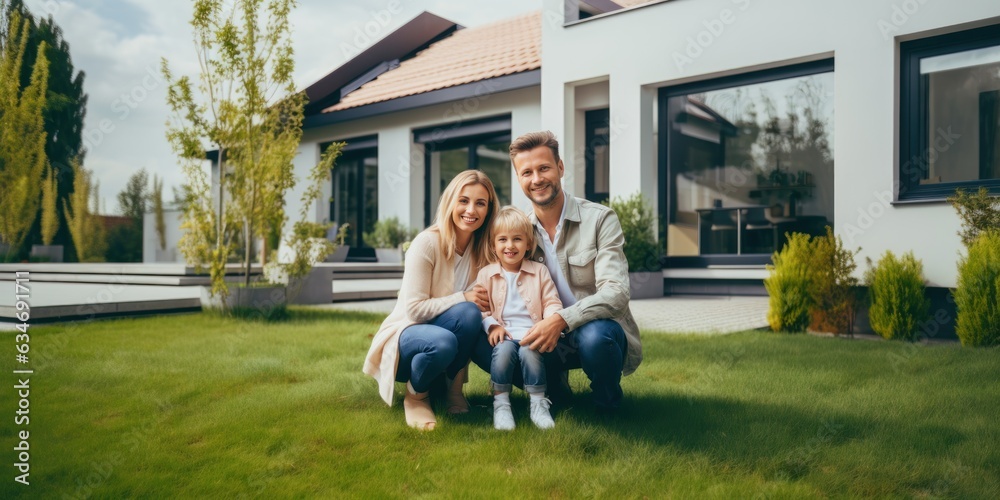 Happy family standing in front of their new house. Stock Photo | Adobe ...