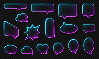 Aufkleber - Thought bubble or chat box container with neon effect, realistic illustration collection. Isolated fluorescent sparkling and glowing chat banners and shapes, comments and message balloon