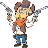 Fototapeta Pokój dzieciecy - Cute cartoon cowboy with yellow moustache. He has two  six shooters