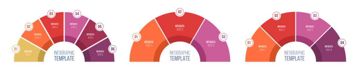 Set of round infographic charts. Infographic design template with 3, 4 and 6 options. Semicircle form pie charts. Infographic vector template. Circular charts. Сolor diagram. Vector illustration.