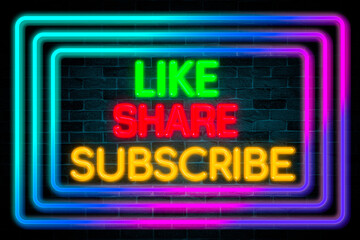 Wall Mural - Like Share Subscribe neon banner on brick wall background.