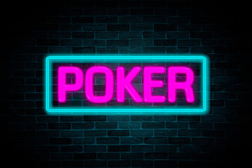 Sticker - Poker neon banner on brick wall background.