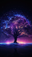 Wall Mural - Crisp photography of A tree in front of a starry sky with purple data streams rising out of tree branches.