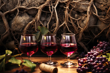 Poster - Red wine tasting in underground cellar on grapevine roots background. 