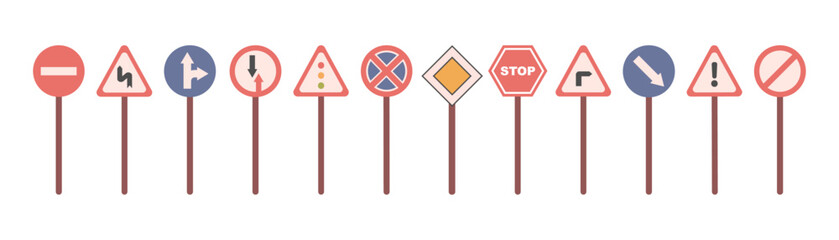 set of road signs isolated flat cartoon vector illustration. street traffic symbols, caution and saf