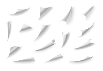 Aufkleber - Flipping book effect, page curl or bent edges of notebook, realistic illustration collection. Isolated curved paper corners, folded piece of sheet or brochure. White scroll or turning