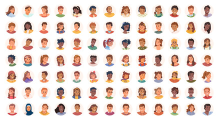 Fototapete - Teens and kids avatar collection. Cute children, boys and girls faces. Portrait avatar icon of children user faces. Girls and boys unknown anonymous person. Happy characters collection, color userpics