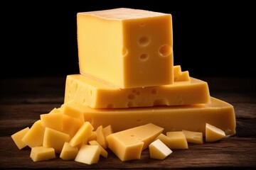 Yellow pieces of cheese on wooden cutting board isolated on black background