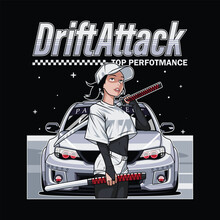 Drift Attack Car Vector Illustration With Samurai Woman Character, For Printing And Other Uses.