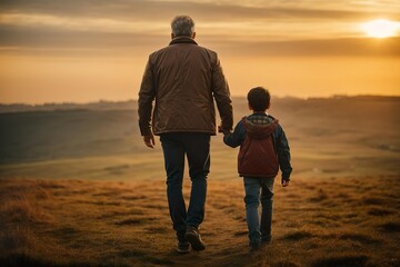 Wall Mural - silhouette of a farther with his kid walking in the sunset