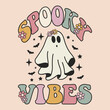 Happy Halloween day 70s groovy vector. Spooky halloween ghost. Fly phantom spirit with scary face. Spooky vibes