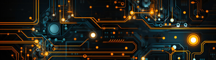 Poster - Generic abstract printed circuit board with glowing fluorescent orange and cyan lines