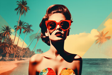 Wall Mural - pop art collage of a brunette model girl with big  sunglasses on a palm tree summer beach vibe background, colorful abstract  holidays theme concept