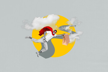 Photo artwork illustration collage of funny young flying superman shopping day advert express delivery package isolated on grey background