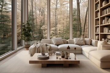 Poster - beige living room with large windows, nature view, and white walls.