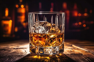 Wall Mural - Whiskey in glass with cubes of ice on dark wooden rustic background, close up.