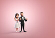 couple de jeunes mariés sur fond rose, pour carte d'invitation de mariage