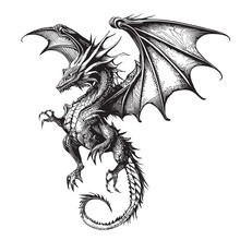 Dragon Flying Attacking Mystical Sketch Drawn In Doodle Style Vector Illustration
